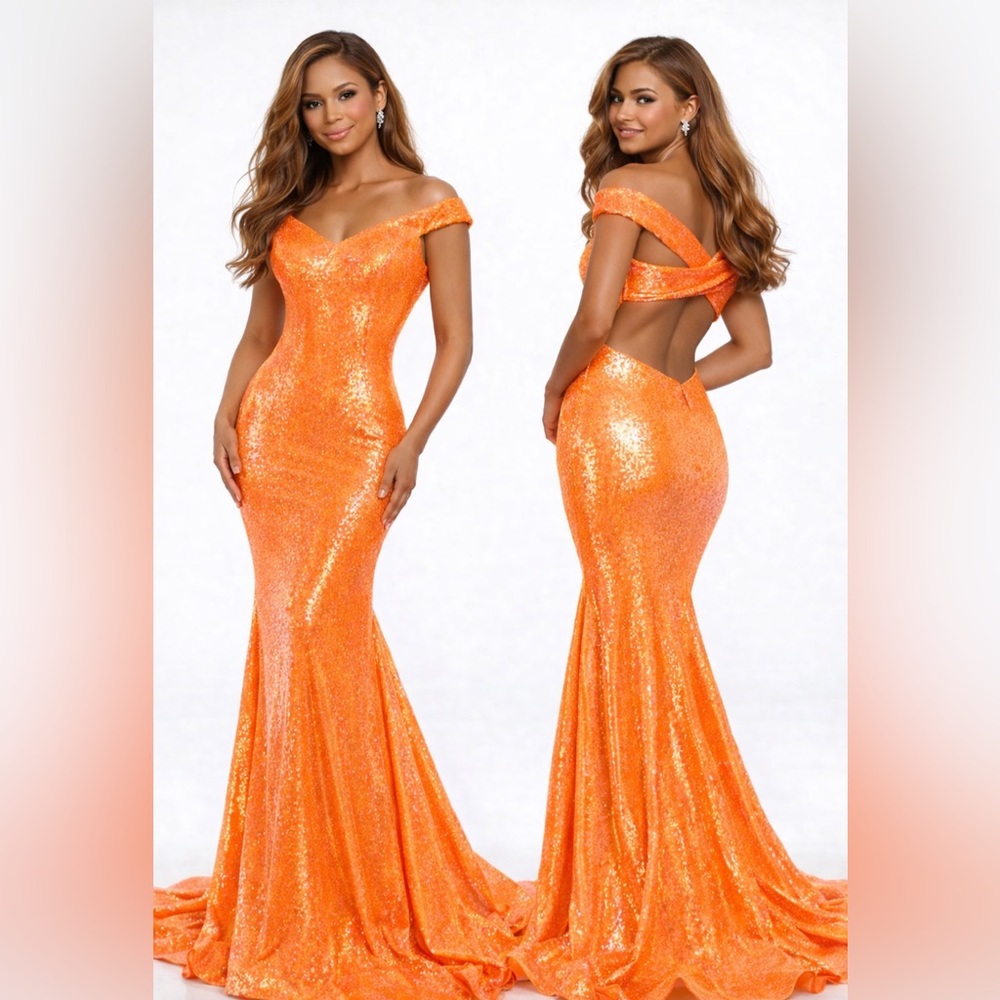 Ashley Lauren 11107 Iridescent Orange Sequin Mermaid Prom Gown Size 6